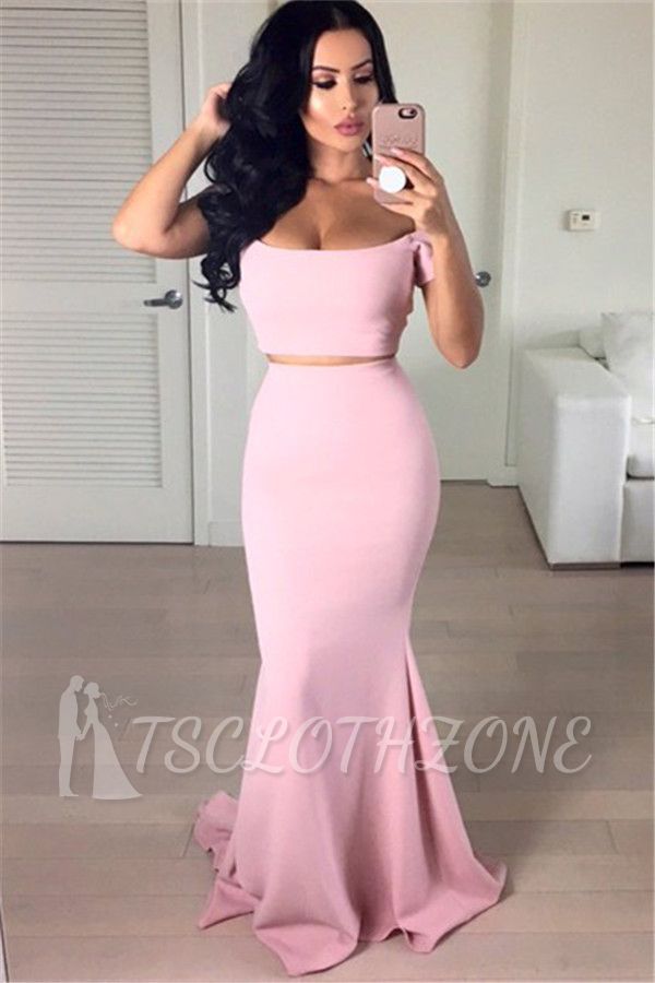 Off The Shoulder Pink Evening Dresses Short Sleeve Two Piece Mermaid Slinky Prom Dress