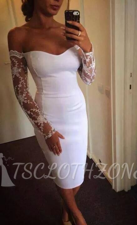 Weißes, herzförmiges, langärmliges Cicktail-Kleid, knielanges Spitzen-Abendkleid