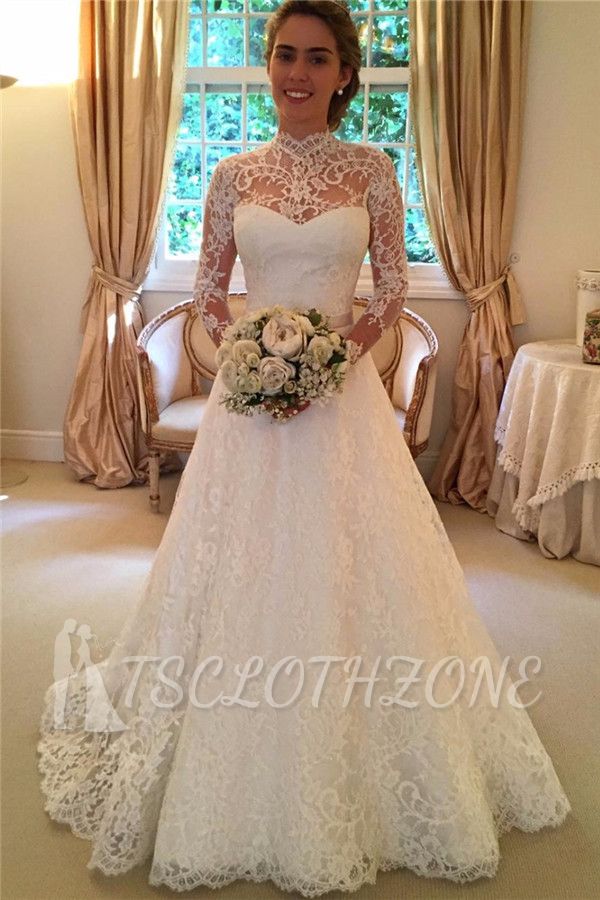 2022 High Neck Lace Open Back Wedding Dress Vintage Long Sleeves Bridal Gown with Bow