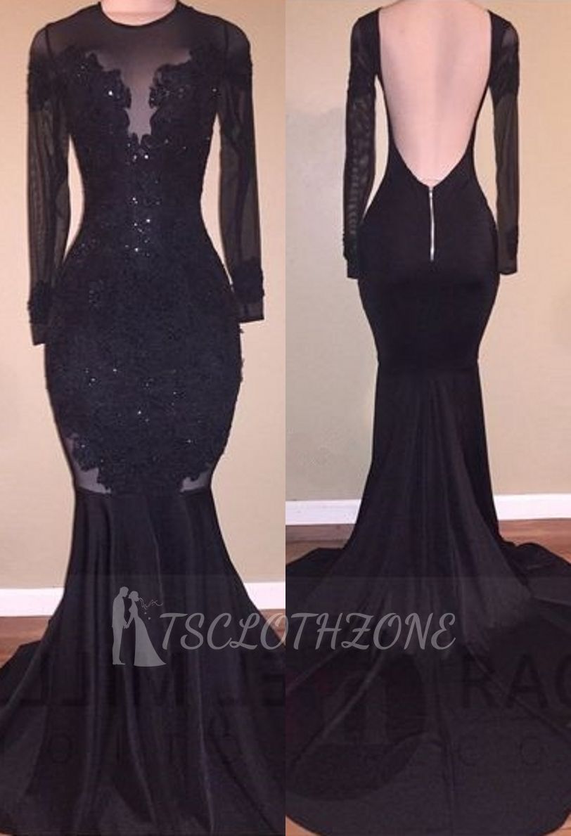 Sexy Mermaid Black Long-Sleeves Backless Appliques Prom Dress