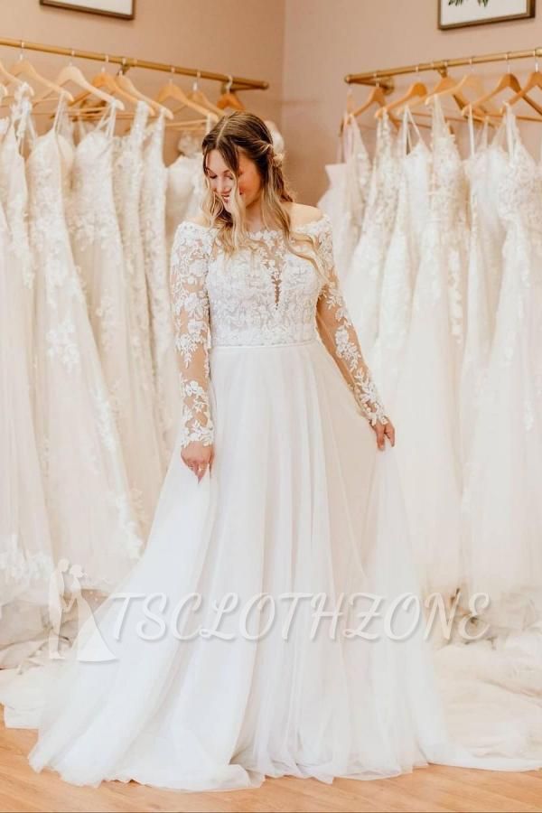 Charming White Floral Lace Tulle Plus Size Bridal Dress with Long Sleeves