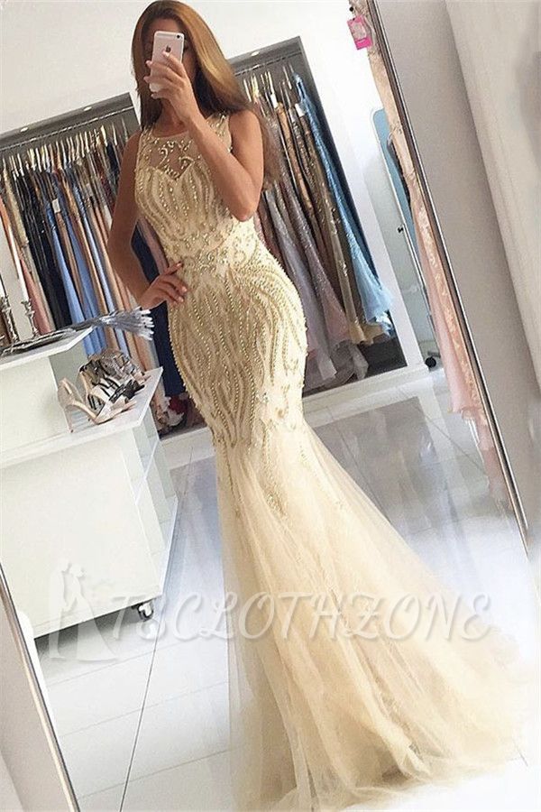 Beaded Crystals Mermaid Tulle Sexy Evening Gown Champagne Affordable Prom Dress