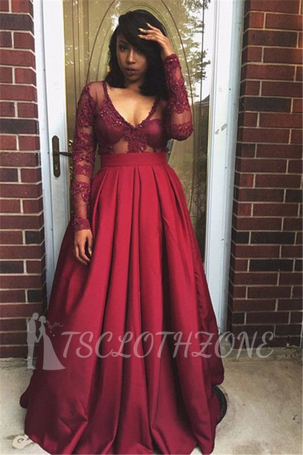 Long Sleeve Deep V-neck Sexy Evening Dresses Cheap Burgundy Prom Gowns 2022