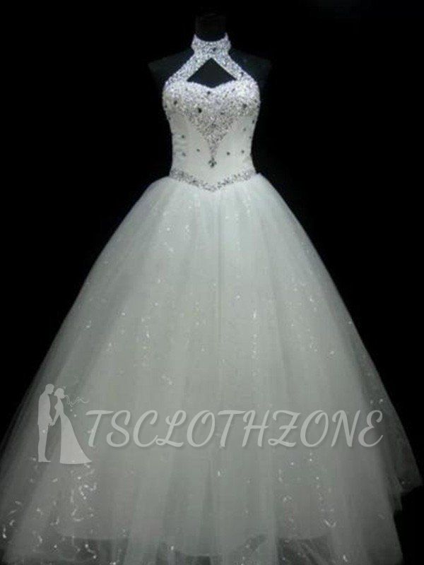 Sequin Ball Gown Sleeveless Floor-Length Beading Tulle Halter Wedding Dresses