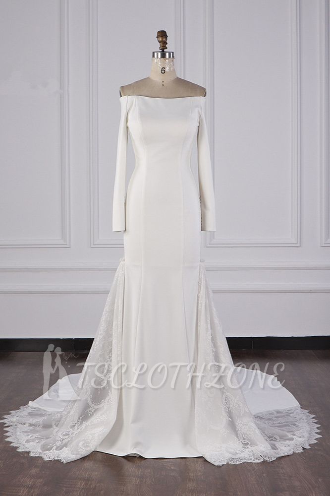 TsClothzone Chic Off-the-Shoulder Satin Wedding Dress Tulle Lace Bridal Gowns with Long Sleeves On Sale