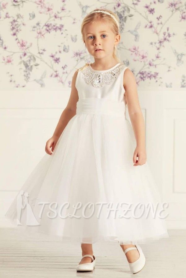 Simple White Beaded Tulle Flower Girl Dresses | Long Princess Little Girls Pageant Dresses