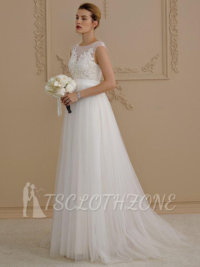Romantic Plus Size A-Line Wedding Dress Jewel Beaded Lace Cap Sleeve Sexy Backless Bridal Gowns with Sweep Train