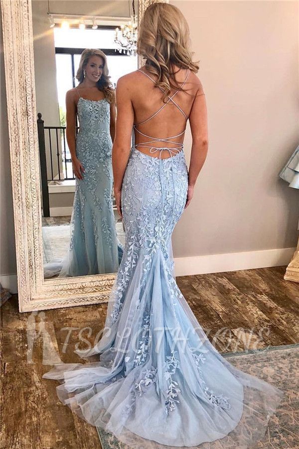 Spaghetti Straps Lace Appliques Sexy Prom Dresses 2022 | Open Back Baby Blue Cheap Evening Dress