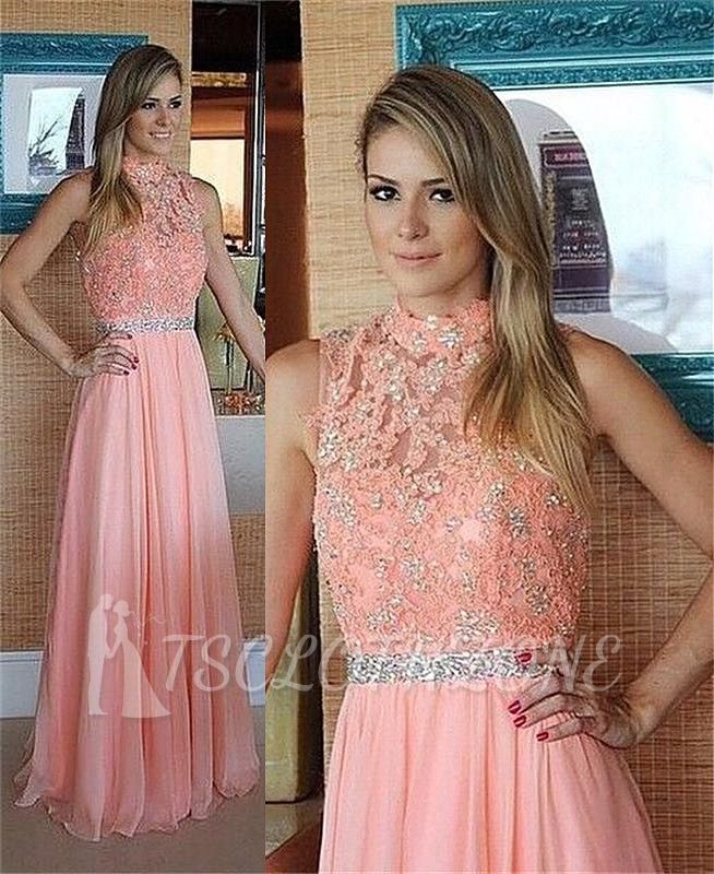 Pink Lace Chiffon 2022 Prom Dress High Neck Evening Dress with Crystal Belt