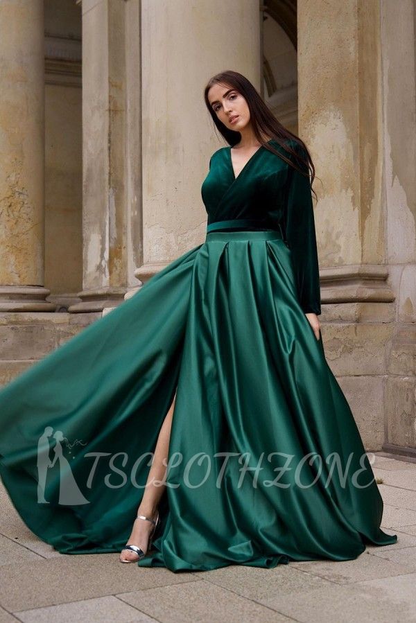 Stylish Dark Green A-line Velvet Evenign Dress with Side Slit