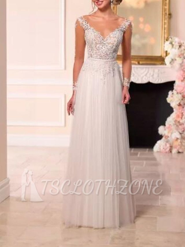 A-Line Wedding Dress V-neck Lace Tulle Long Sleeves Bridal Gowns Romantic See-Through Backless with Sweep Train