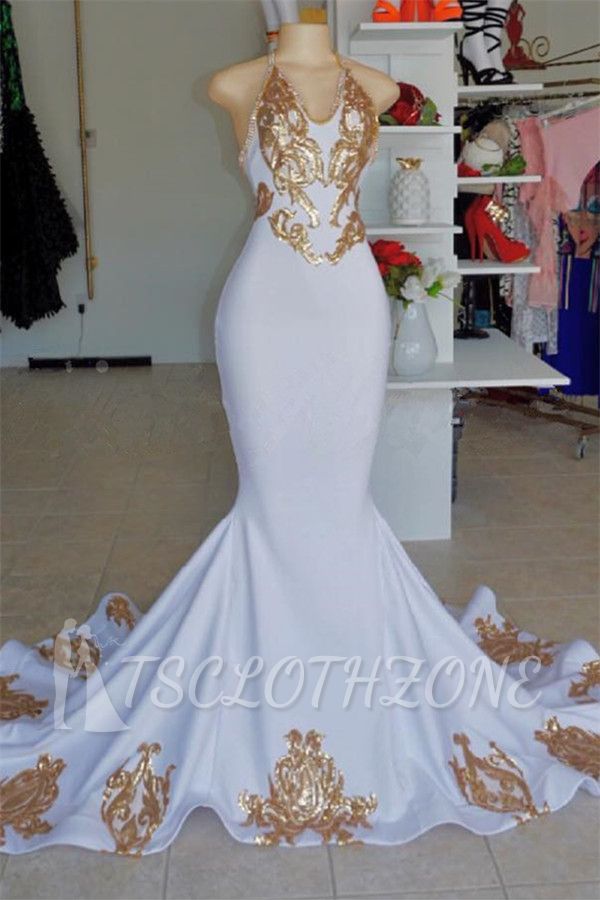 Halter V-Neck Sleeveless Gold Appliques Prom Dress