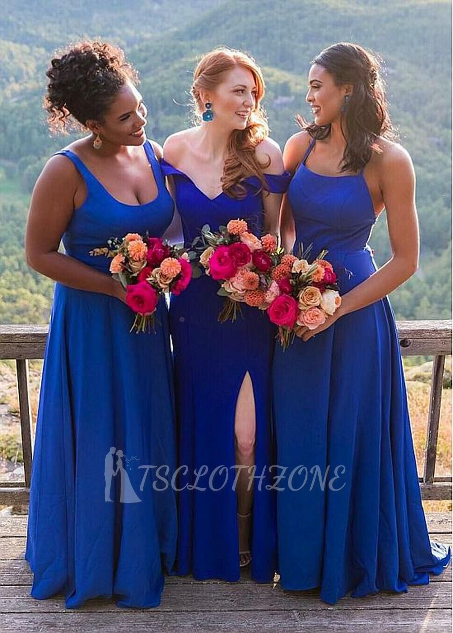 Kaufen Sie günstiges Satin Scoop langes sexy blaues bodenlanges Brautjungfernkleid in A-Linie