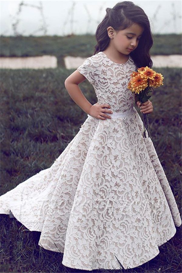 Schöne U-Ausschnitt-Spitze mit kurzen Ärmeln Mädchen-Festzug-Kleider 2022 Günstiges Blumenmädchenkleid