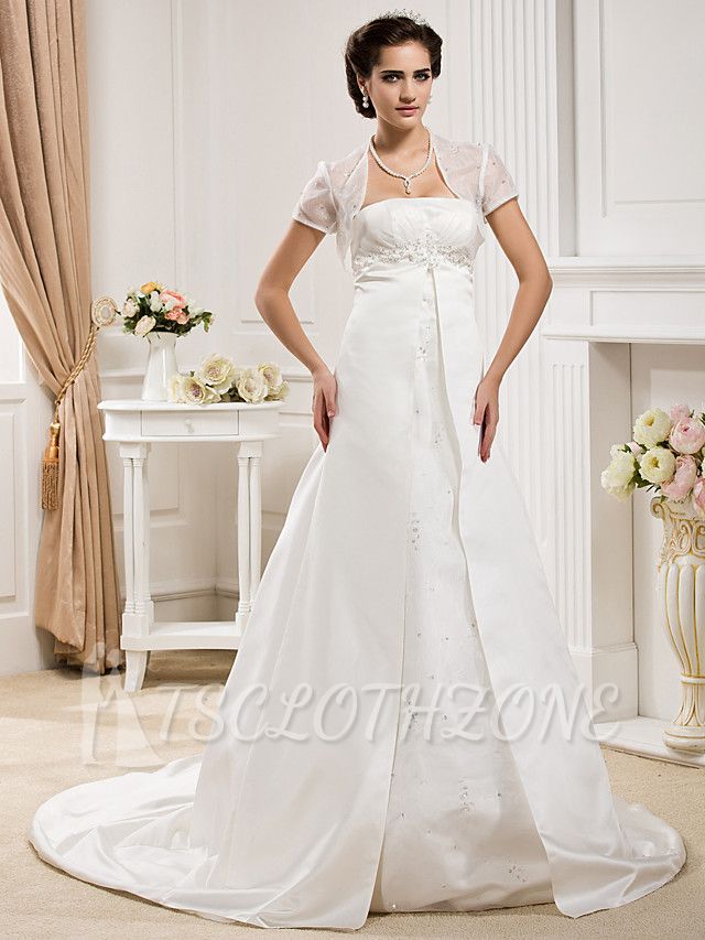 Affordable Princess A-Line Wedding Dress Strapless Organza Satin Sleeveless Bridal Gowns with Court Train