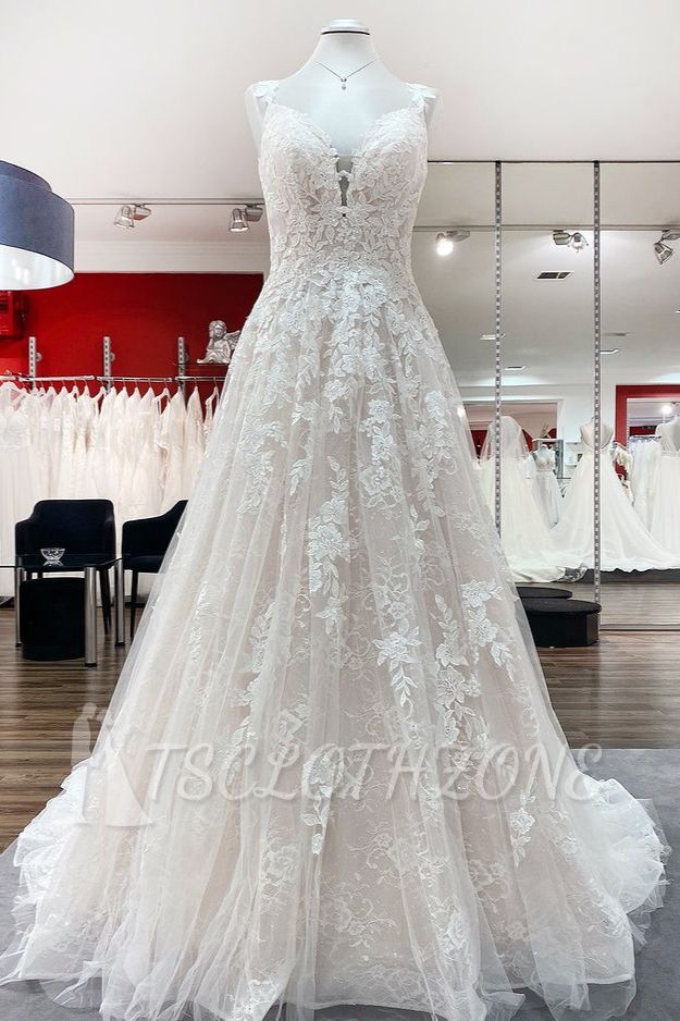 Romantisches Brautkleid mit tiefem V-Ausschnitt, Tüll und floraler Spitze, ärmelloses Aline-Kleid für die Hochzeit