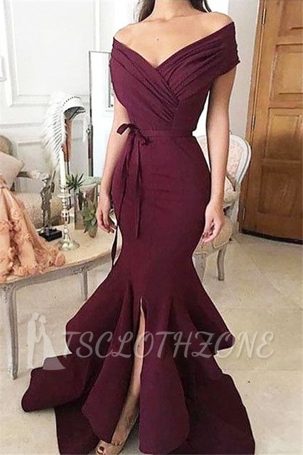 Burgundy Off-the-Shoulder Mermaid Prom Dresses 2022 Ruffles Front-Split Evening Dresses