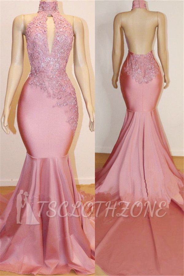 Sexy Backless Pink Prom Dresses on Mannequins Cheap | Mermaid Beads Appliques Prom Dresses 2022