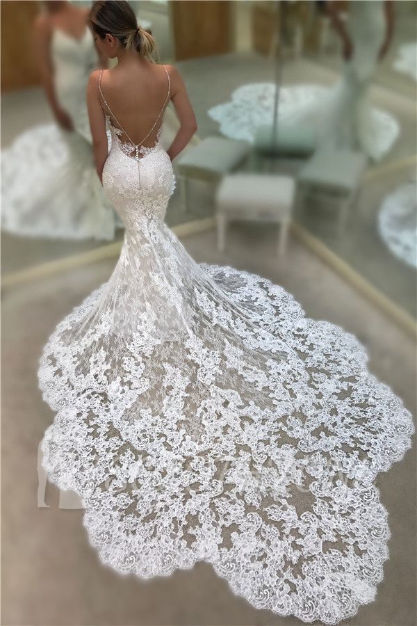 Sexy Meerjungfrau-Spitze-Hochzeitskleider mit offenem Rücken | Spaghettiträger 2022 Brautkleider mit Kapellenschleppe