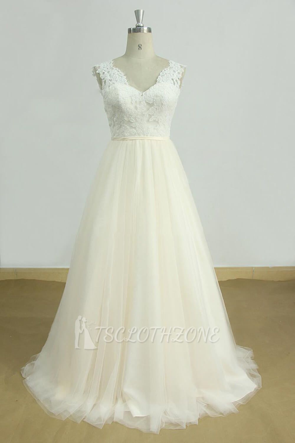 Elegant Lace Straps V-neck Appliques Wedding Dress | Tulle Ruffles A-line Bridal Gowns