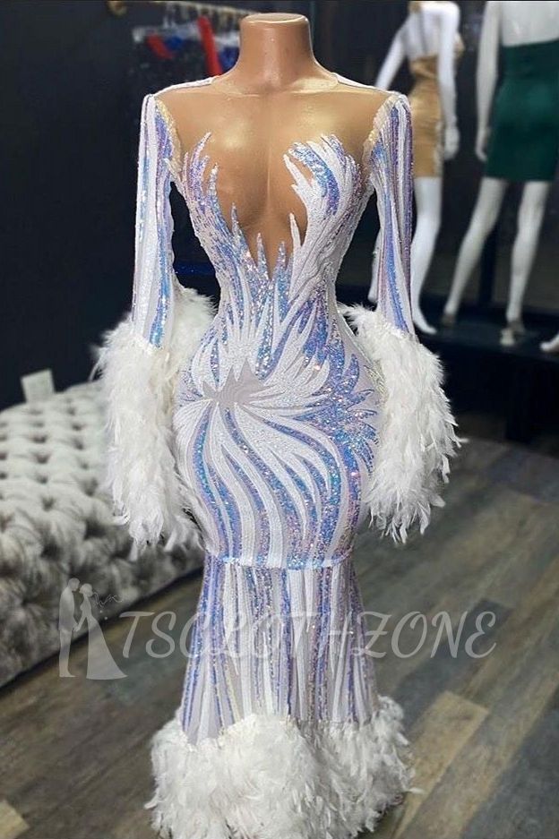Illusion neck Long sleeve Luxury Fur Sequin Mermaid Prom Dress
