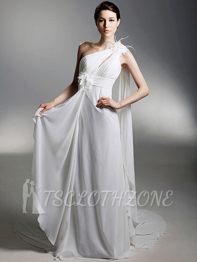 Sheath Wedding Dress One Shoulder Chiffon Sleeveless Bridal Gowns with Watteau Train