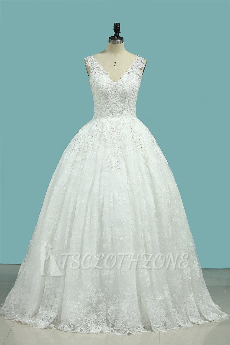 TsClothzone Glamorous Jewe Tull Lace Wedding Dress Appliques Sleeveless Beadings Bridal Gowns Online