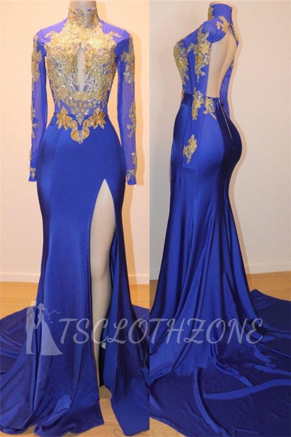 Royal Blue Gold Appliques Sexy Open Back Prom Dress | Side Slit Long Sleeve Cheap Evening Dress