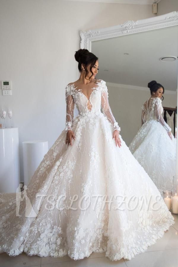 Gorgeous Long Sleeve Soft Floral Lace Bridal Dress V Neck Wedding Dress
