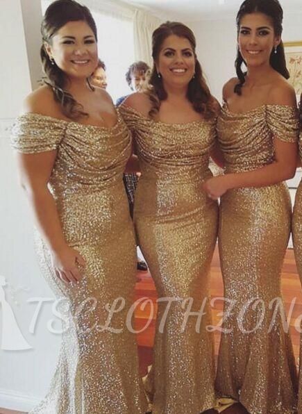 Off The Shoulder Gold Sequins Bridesmaid Dresses Mermaid Cheap Dresses for Maid of Honor