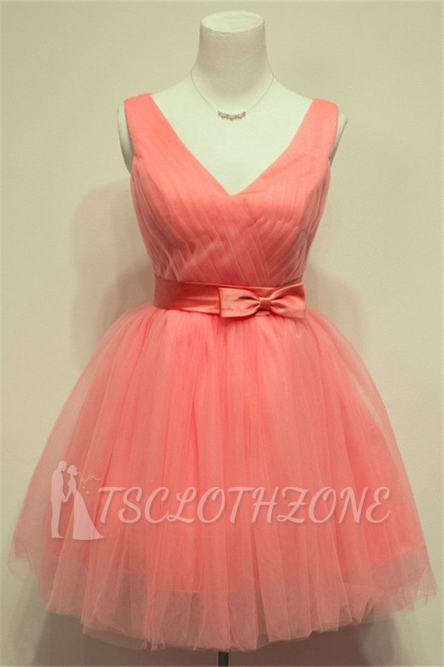 Cute Watermelon V-Neck Mini Homecoming Dress with Bowknot Lace-up Tiered Ruffle Short Bridesmaid Dresses