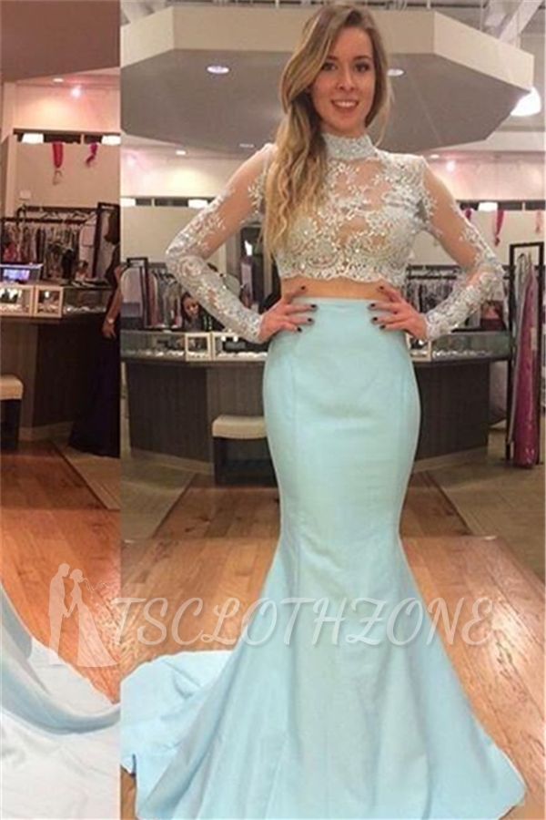 High Collar Mermaid Two Piece Prom Dress Elegant Long Sleeve Lace 2022 Evening Dresses