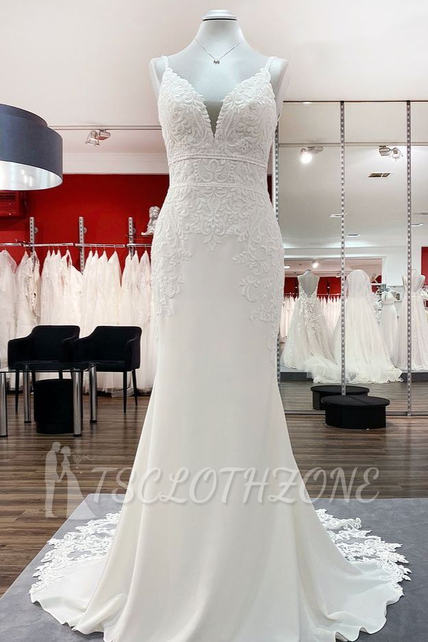 Romantische Meerjungfrau-Brautkleider mit V-Ausschnitt, ärmelloses, weiches Spitzen-Hochzeitskleid