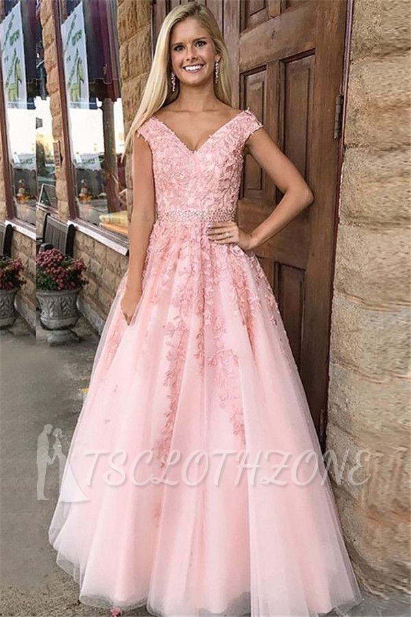 Amazing Pink Off-the-Shoulder Prom Dresses | Applique Crystal Sleeveless Evening Dresses with Belt