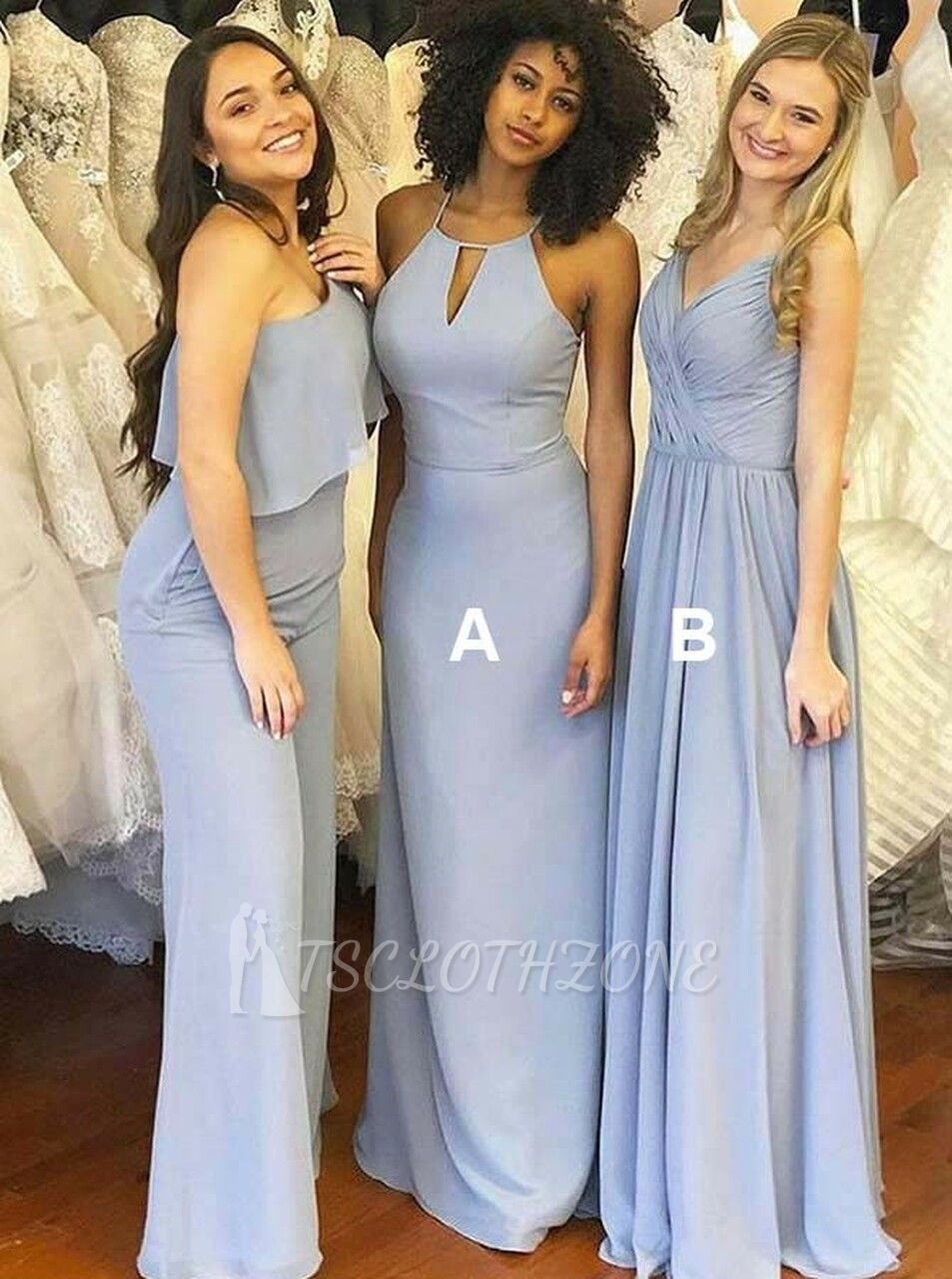 Blue Chiffon Sheath Jewel Bridesmaid Dress with Keyhole
