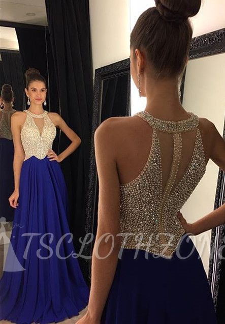 Latest A-Line Beading Blue Prom Dress Crystal Natural Chiffon Formal Occasion Dresses