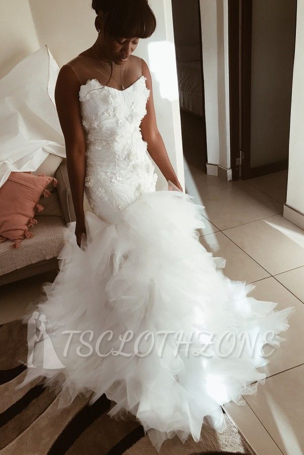 Mermaid Floral Appliques Ruffles Wedding Dresses | Sheer Tulle Backless Sleeveless Bridal Gowns