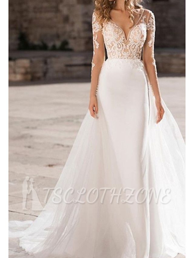A-Line Wedding Dresses V-Neck Organza Tulle Stretch Satin Long Sleeve Bridal Gowns Court Train