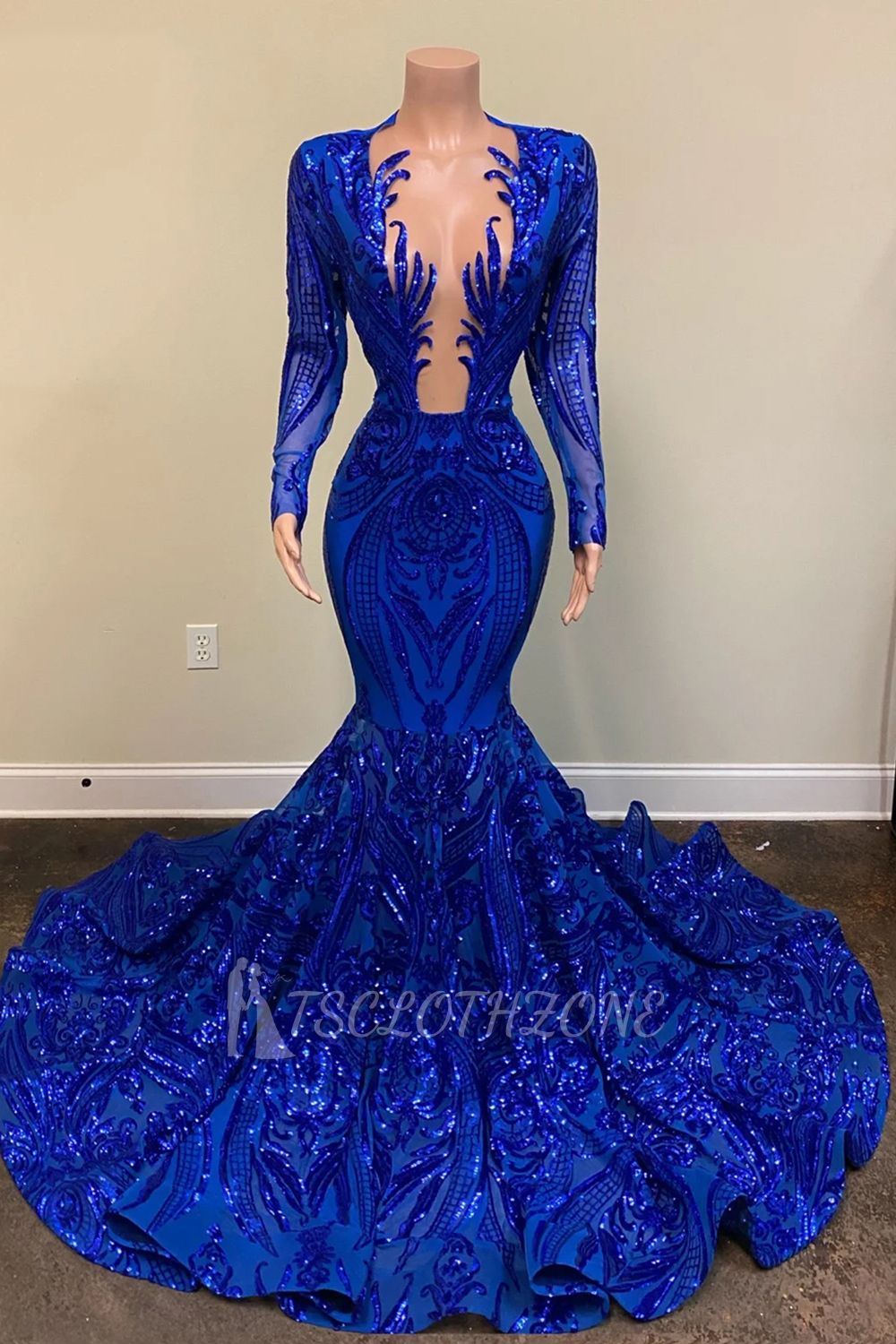 Sexy Long Sleeve Royal Blue V Neck Long Sleeve Mermaid Prom Dresses