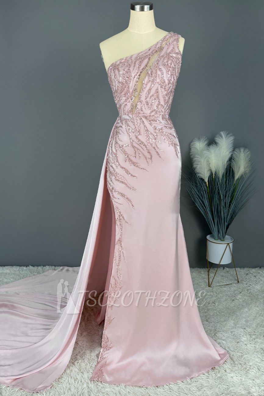 Peark pink One shoulder Sparkle beaded Prom Dresses