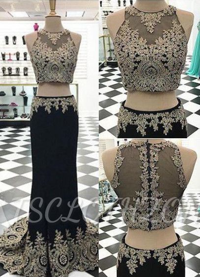 Appliques Crystal Black Mermaid Two-Pieces Sleeveless Prom Dress