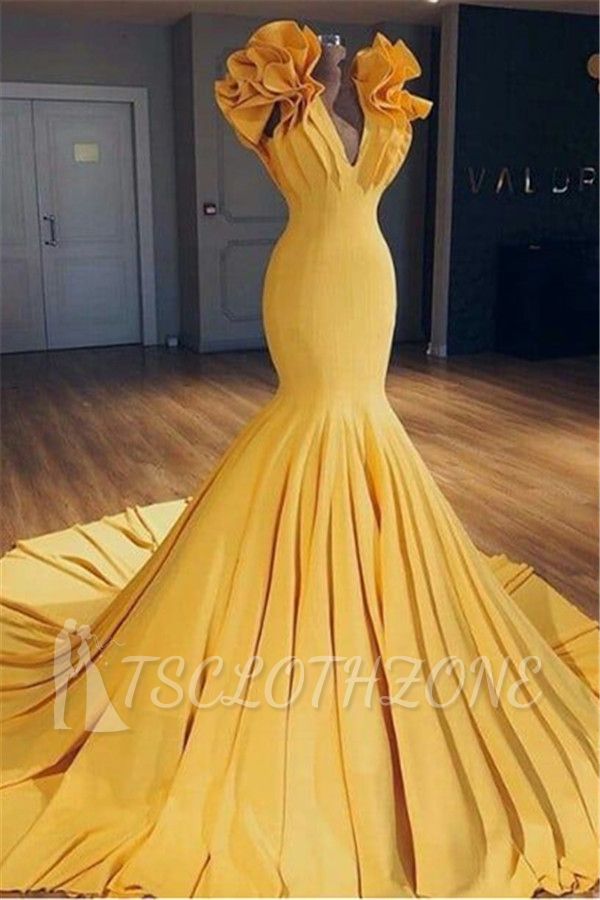 Ginger Yellow Fit and Flare Prom Dresses | Ruffles Court Train Wholesale Evening Gowns