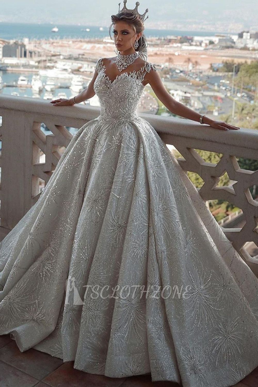 Romantic Sequined Pattern A-line Wedding Dress V-Neck Sleeveless Crystal Gowns