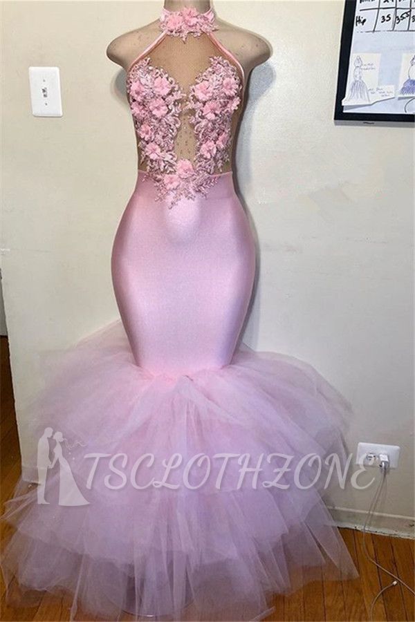 Pink Halter Sleeveless Flower Appliques Tulle Mermaid Prom Dress
