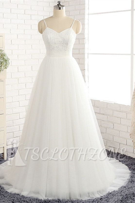 TsClothzone Affordable Spaghetti Straps White Wedding Dresses A-line Tulle Ruffles Bridal Gowns On Sale