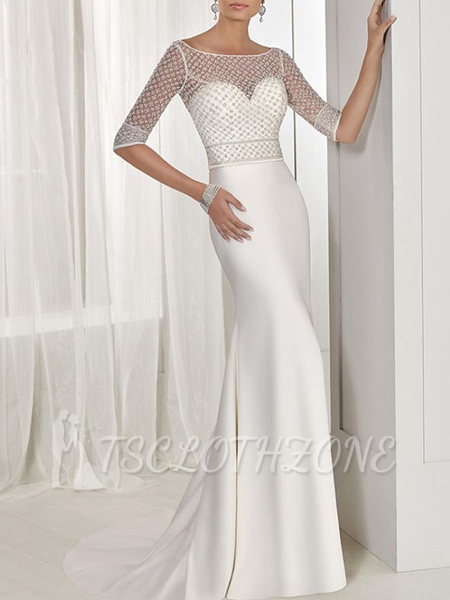 Sexy Two Piece A-Line Wedding Dresses Jewel Lace Tulle Half Sleeve Bridal Gowns See-Through Backless Sweep Train