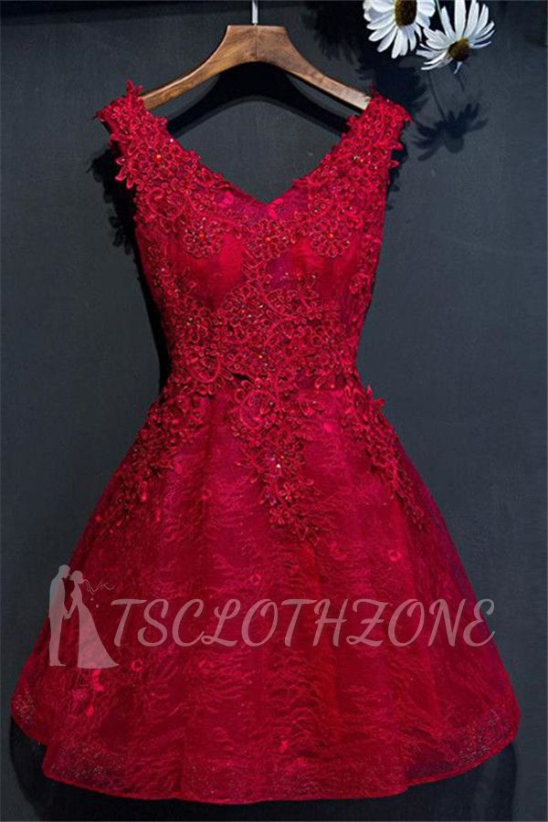 Rote V-Ausschnitt Spitze kurze Heimkehr Kleider | Ärmelloses Hoco-Kleid mit Schnürapplikationen