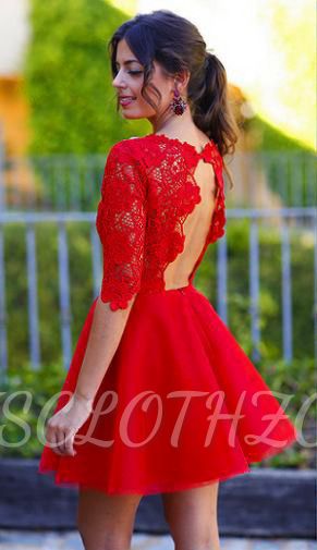 Elegant Lace Red Half Sleeve Short Homecoming Dress New Arrival Halter Mini Cocktail Dress