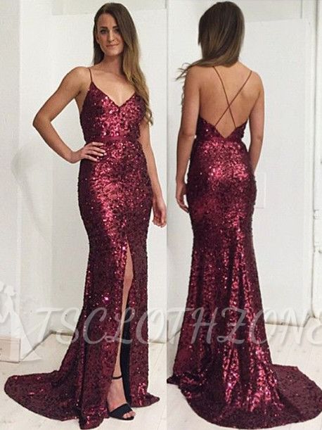 Burgundy Sequins Spaghetti Straps Evening Dress 2022 Front Slit Open Back Prom Dress