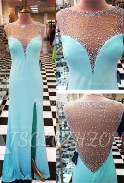 Bateau A-Line Sexy Prom Gowns 2022 Side Slit Sweep Train Evening Dresses with Beadings
